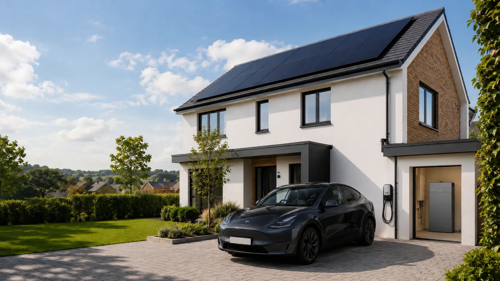 A modern UK home with roof panels, wall battery and car charger